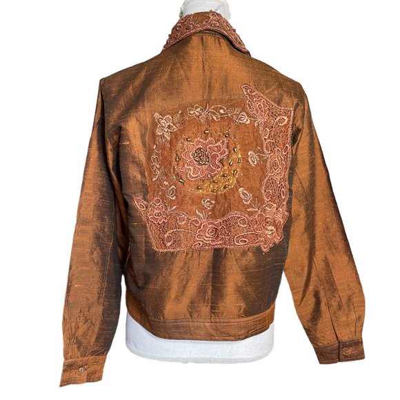 56% Silk Lace Beaded Jacket S Coldwater Creek Bronze Floral Metallic Button-up - Picture 2 of 16